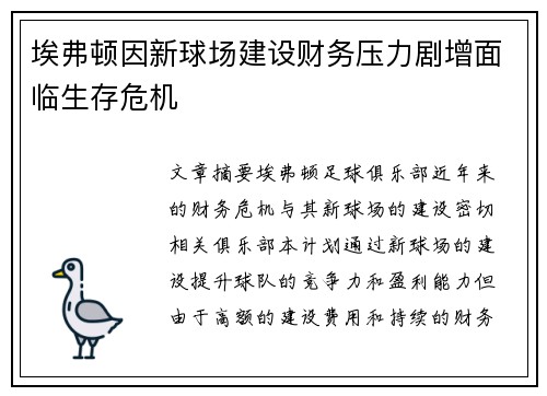 埃弗顿因新球场建设财务压力剧增面临生存危机 埃弗顿因新球场建设财务压力剧增面临生存危机